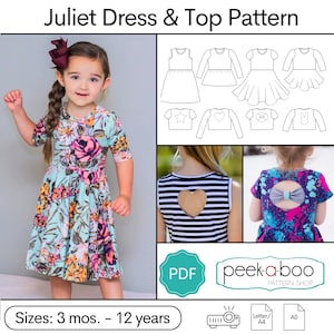May include: A digital sewing pattern for a girl's dress and top, called "Juliet Dress & Top Pattern". The pattern includes sizes from 3 months to 12 years. The pattern is available in PDF format and can be printed on Letter or A0 size paper. The image shows a young girl wearing a floral dress, a striped shirt with a heart-shaped cutout, and a girl wearing a blue and pink dress with a bow on the back.