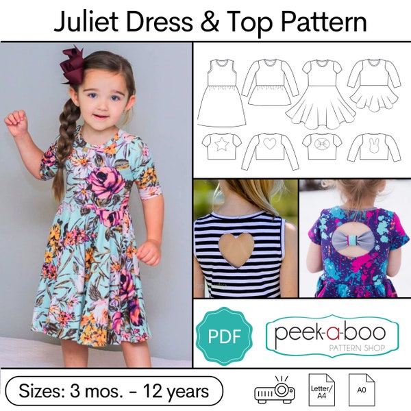 Juliet Dress & Top PDF Sewing Pattern: Bow back dress, heart cutout dress, bunny cutout dress, star cutout dress