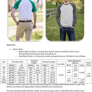 May include: A chart with instructions for sewing a long or short-sleeved shirt with a raglan sleeve. The chart includes measurements for different sizes in inches and centimeters, as well as fabric requirements for each size.