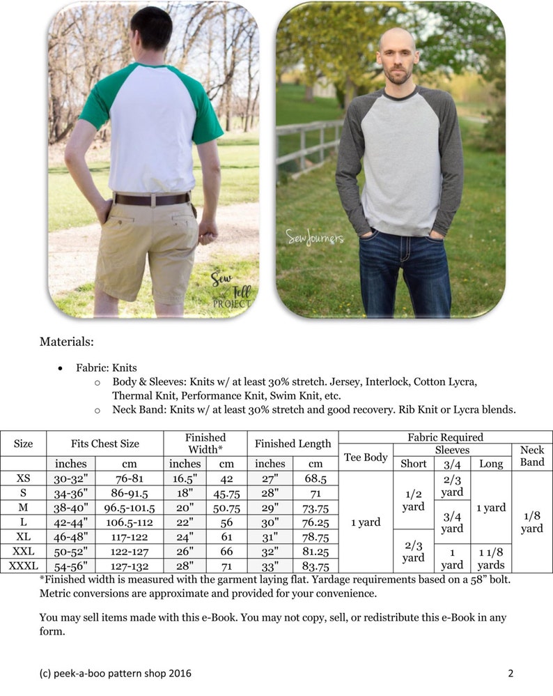 May include: A chart with instructions for sewing a long or short-sleeved shirt with a raglan sleeve. The chart includes measurements for different sizes in inches and centimeters, as well as fabric requirements for each size.