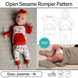 Peut inclure: Un patron PDF pour un romper bébé avec une capuche. Le patron comprend des tailles allant du prématuré au 4T. L'image montre un bébé portant un romper similaire avec un imprimé de pommes rouges et blanches.