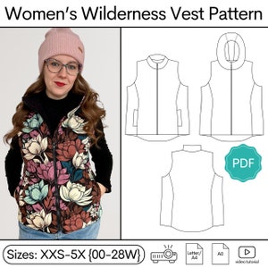 May include: A digital pattern for a women's wilderness vest with a zipper closure and pockets. The pattern is available in sizes XXS-5X (00-28W) and includes a video tutorial. The pattern is printed on A0 and Letter/A4 sized paper.