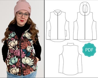 Könnte beinhalten: Ein digitales Schnittmuster für eine Damen-Wilderness-Weste mit Reißverschluss und Taschen. Das Schnittmuster ist in den Größen XXS-5X (00-28W) erhältlich und beinhaltet ein Video-Tutorial. Das Schnittmuster wird auf Papier im Format A0 und Letter/A4 gedruckt.