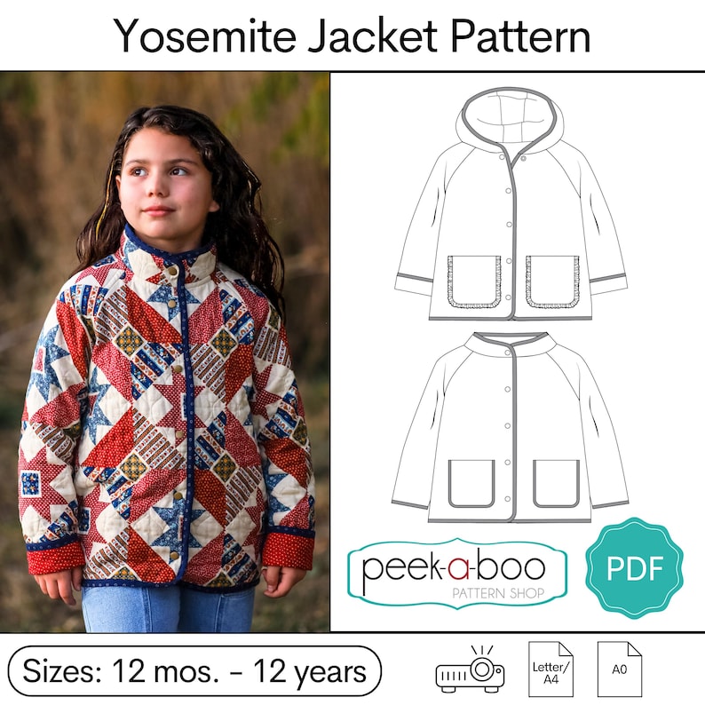 May include: A digital sewing pattern for a children's Yosemite jacket. The pattern includes instructions for sizes 12 months to 12 years. The pattern is available in PDF format and includes instructions for both letter/A4 and A0 paper sizes.