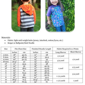 May include: A chart showing the size, chest size, and length of a hoodie pattern. The chart also shows the amount of fabric needed for different sizes in inches and centimeters.
