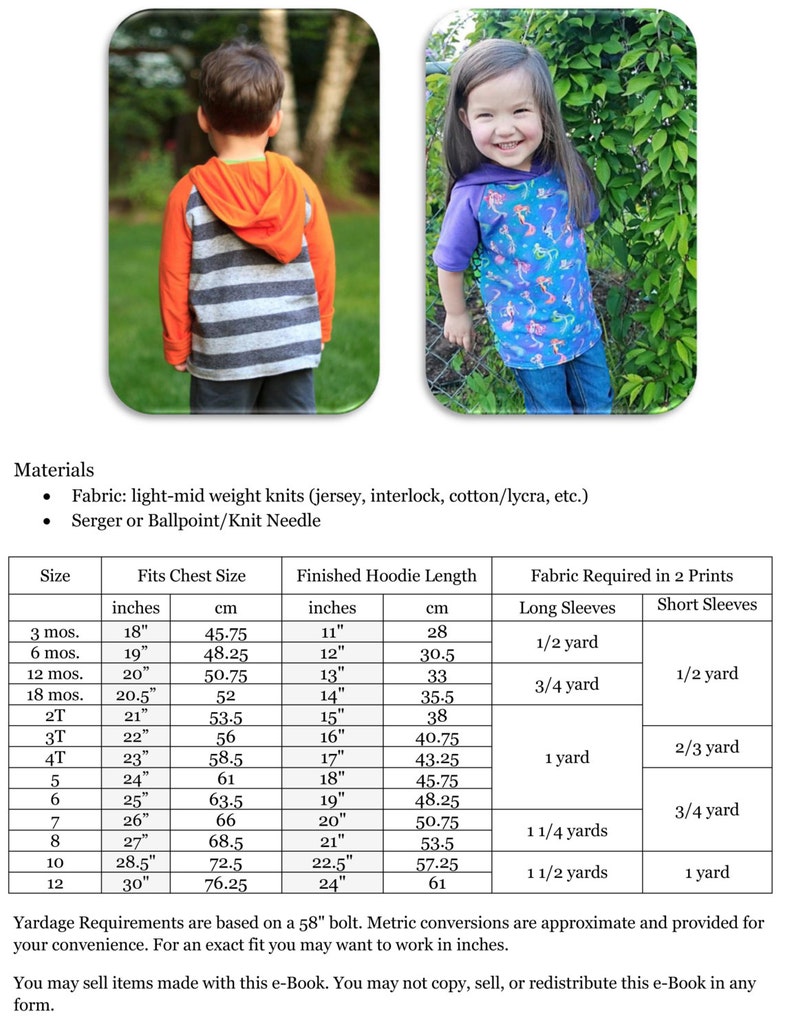 May include: A chart showing the size, chest size, and length of a hoodie pattern. The chart also shows the amount of fabric needed for different sizes in inches and centimeters.