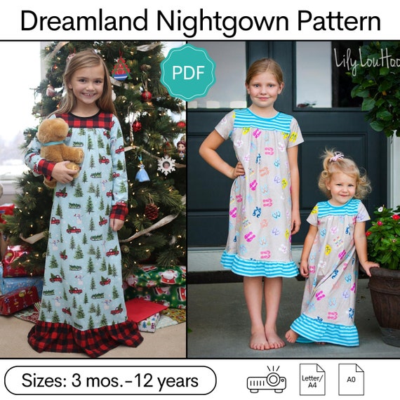 Dreamland Nightgown Sewing Pattern: Girls Nightgown Pattern, Long Nightgown Pattern