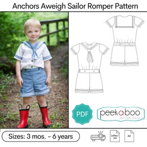 May include: A printable PDF pattern for a sailor romper for a baby or toddler. The pattern includes sizes from 3 months to 6 years. The image shows a child wearing a completed romper, along with a line drawing of the pattern.