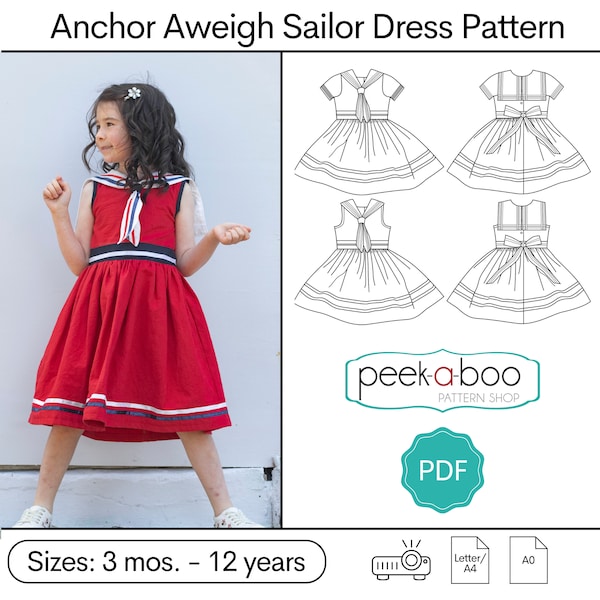 Anchors Aweigh Sailor Dress: Vintage Sailor Dress Pattern, Girls Dress Pattern, 4th of July Dress