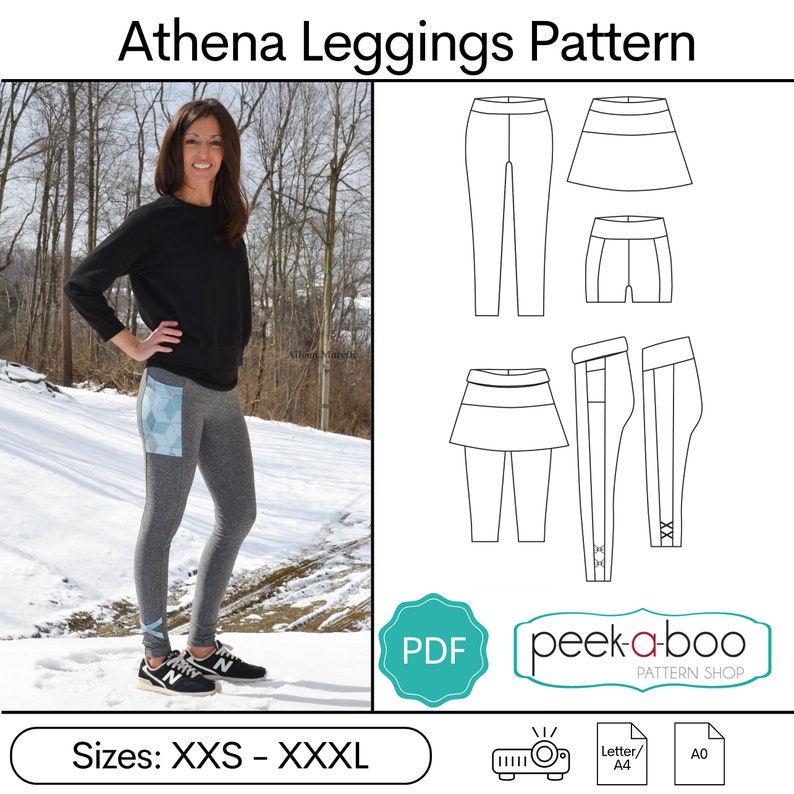 May include: The image showcases the "Athena Leggings Pattern" with a woman wearing gray leggings with a geometric pocket design. The pattern includes various legging styles, including shorts and leggings with a skirt overlay. The pattern shop logo is visible.