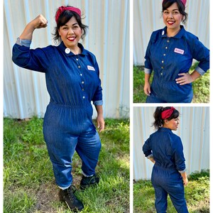 May include: A woman wearing a blue denim jumpsuit with a red bandana and a red button with the word "Rosie" on it. She is posing with her arm flexed, as if she is a "Rosie the Riveter" character.