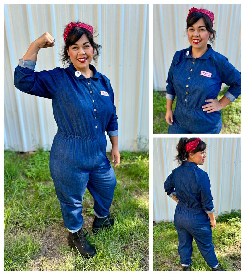 May include: A woman wearing a blue denim jumpsuit with a red bandana and a red button with the word "Rosie" on it. She is posing with her arm flexed, as if she is a "Rosie the Riveter" character.