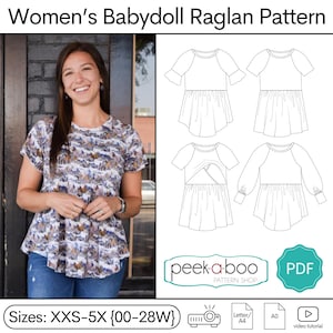 May include: A digital sewing pattern for a babydoll raglan top with a ruffled hem. The pattern includes four different sleeve styles and is available in sizes XXS-5X (00-28W). The pattern is available as a PDF download and includes a video tutorial.