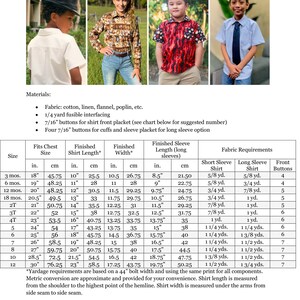 Puede incluir: Un gr&aacute;fico con instrucciones para coser una camisa para ni&ntilde;os. El gr&aacute;fico incluye medidas para diferentes tallas, requisitos de tela y recuentos de botones. El gr&aacute;fico est&aacute; acompa&ntilde;ado de fotos de ni&ntilde;os usando las camisas.