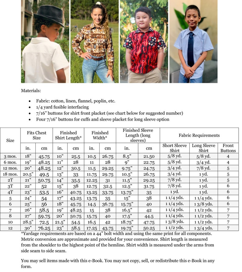 Puede incluir: Un gr&aacute;fico con instrucciones para coser una camisa para ni&ntilde;os. El gr&aacute;fico incluye medidas para diferentes tallas, requisitos de tela y recuentos de botones. El gr&aacute;fico est&aacute; acompa&ntilde;ado de fotos de ni&ntilde;os usando las camisas.