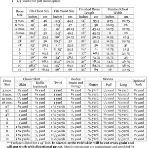 May include: A table showing fabric requirements for making a dress in various sizes. The table includes measurements for the dress size, chest size, waist size, dress length, chest width, skirt, bodice, and sleeves. The table also includes yardage requirements for each size.