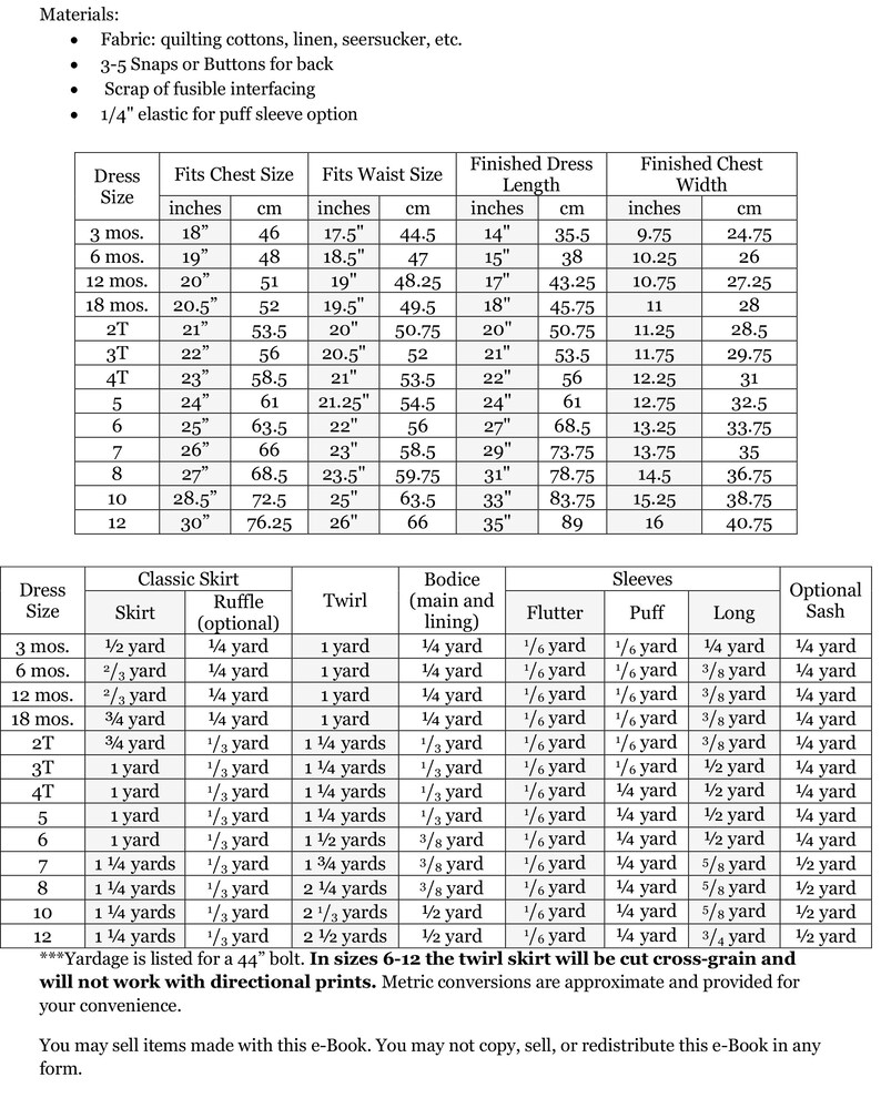 May include: A table showing fabric requirements for making a dress in various sizes. The table includes measurements for the dress size, chest size, waist size, dress length, chest width, skirt, bodice, and sleeves. The table also includes yardage requirements for each size.