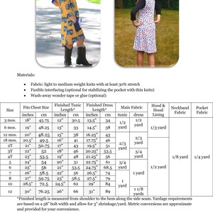 May include: A chart with instructions for sewing a tunic or dress for children. The chart includes measurements for different sizes, from 3 months to 12 years old. The chart also includes yardage requirements for the fabric, lining, neckband, and pocket.
