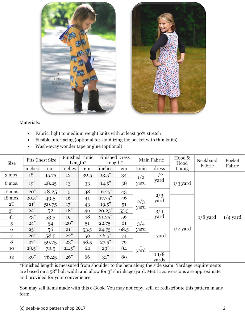 May include: A chart with instructions for sewing a tunic or dress for children. The chart includes measurements for different sizes, from 3 months to 12 years old. The chart also includes yardage requirements for the fabric, lining, neckband, and pocket.