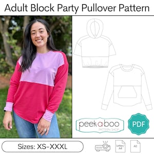 May include: A digital pattern for a pullover sweatshirt with a block colour design. The pattern includes a cropped hoodie and a long-sleeved pullover with a pocket. The pattern is available in sizes XS-XXXL. The pattern is available as a PDF download.