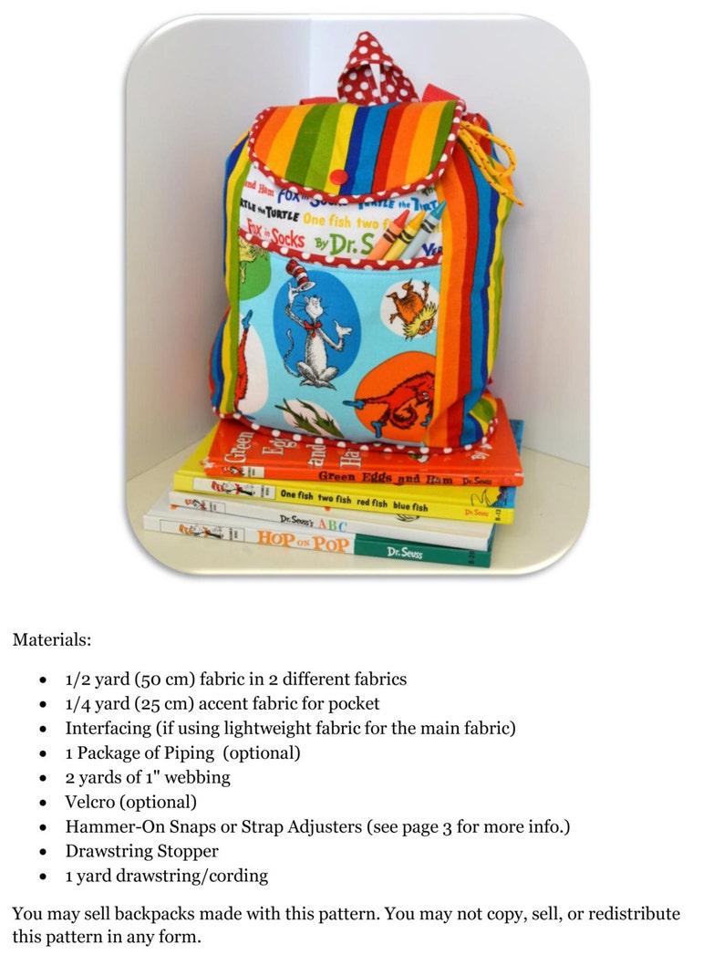 May include: A colorful, striped fabric backpack with a pocket featuring a Dr. Seuss character. The backpack is stacked on top of several Dr. Seuss books. The text on the books includes "One Fish Two Fish Red Fish Blue Fish", "Green Eggs and Ham", and "Hop on Pop".