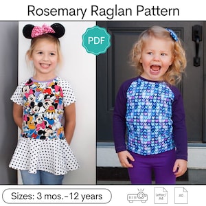May include: A PDF sewing pattern for a raglan shirt, called "Rosemary Raglan Pattern". The pattern is available in sizes 3 months to 12 years. The image shows two children wearing the shirt, one with a Mickey Mouse print and the other with a heart print.