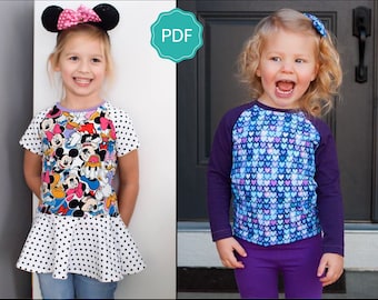 May include: A PDF sewing pattern for a raglan shirt, called "Rosemary Raglan Pattern". The pattern is available in sizes 3 months to 12 years. The image shows two children wearing the shirt, one with a Mickey Mouse print and the other with a heart print.