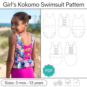 May include: A PDF sewing pattern for a girl's swimsuit. The pattern includes instructions for making a swimsuit with a ruffled top and a bow detail on the back. The pattern is available in sizes 3 months to 12 years. The image also shows a child wearing a swimsuit made from the pattern.
