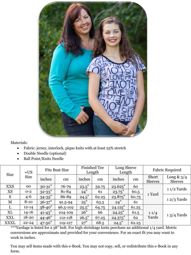 May include: A chart with instructions for sewing a tee shirt. The chart includes measurements in inches and centimeters for different sizes, from XXS to XXXL. The chart also includes fabric requirements for short and long sleeves.