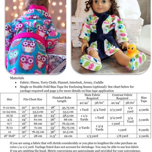 May include: A chart with instructions for making a doll-sized robe. The chart includes measurements for different sizes, fabric requirements, and bias tape requirements. The chart is titled "Main Fabric Required" and "Contrast Fabric Required".