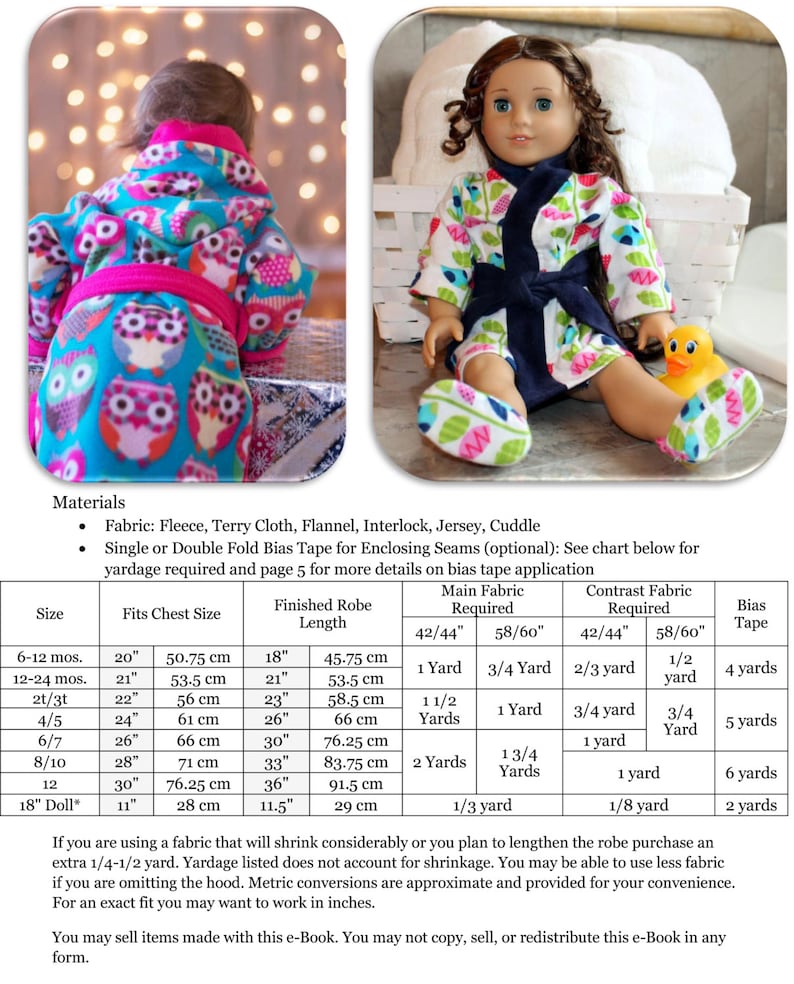May include: A chart with instructions for making a doll-sized robe. The chart includes measurements for different sizes, fabric requirements, and bias tape requirements. The chart is titled "Main Fabric Required" and "Contrast Fabric Required".