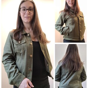 May include: Olive green denim jacket with gold-colored buttons and pockets. The jacket has a classic design with a collared neckline and a tailored fit. The jacket is shown in multiple views.