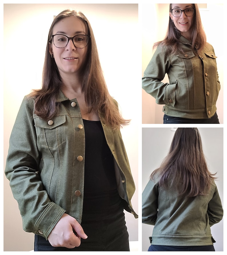 May include: Olive green denim jacket with gold-colored buttons and pockets. The jacket has a classic design with a collared neckline and a tailored fit. The jacket is shown in multiple views.