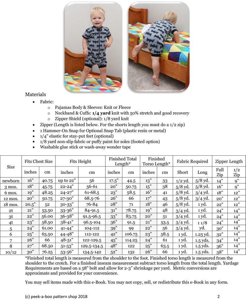 May include: A sewing pattern for pajamas for babies and toddlers. The pattern includes instructions for sizes newborn to 12 months. The pattern includes measurements for chest size, height, and finished length. The pattern also includes instructions for fabric requirements and zipper length.