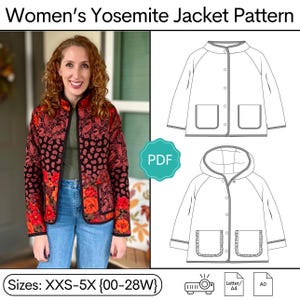 May include: A quilted jacket with a floral and paisley pattern in red, black, and orange. The image includes a pattern for the jacket, a PDF icon, and the text "Women's Yosemite Jacket Pattern" and "Sizes: XXS-5X {00-28W}".