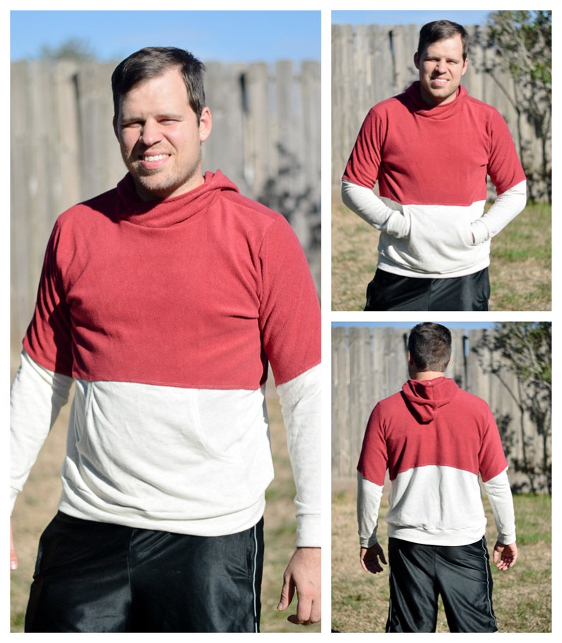 May include: A red and white long-sleeved hooded sweatshirt with a kangaroo pocket. The sweatshirt has a contrasting colour block design.