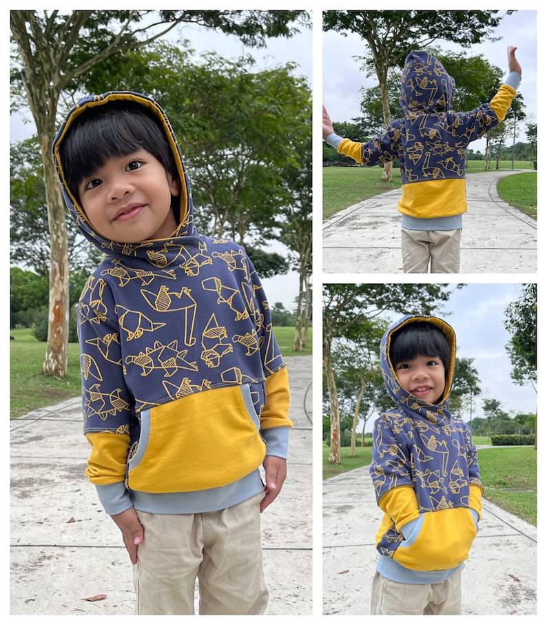 May include: A blue and yellow hooded sweatshirt with a geometric pattern. The sweatshirt has a kangaroo pocket and a contrasting yellow panel on the bottom.