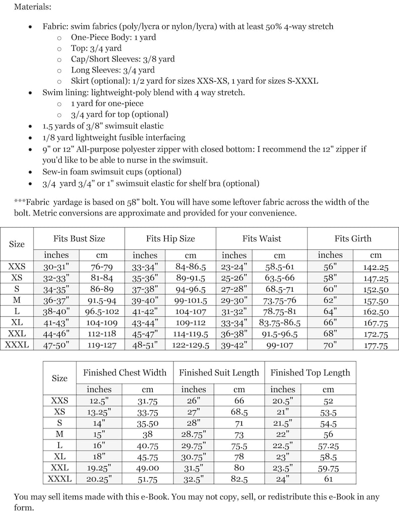 May include: A table showing the measurements for a swimsuit pattern in inches and centimeters. The table includes measurements for bust, hip, waist, and girth. It also includes measurements for finished chest width, finished suit length, and finished top length.