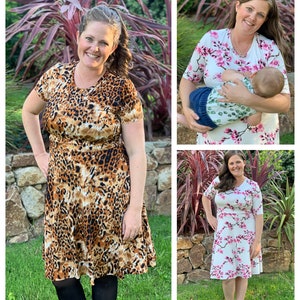Pode incluir: Tr&ecirc;s mulheres vestindo diferentes vestidos de estampa floral. Os vestidos t&ecirc;m mangas curtas e um corpete ajustado com uma saia rodada. Os vestidos s&atilde;o de v&aacute;rias cores, incluindo rosa, branco e marrom.