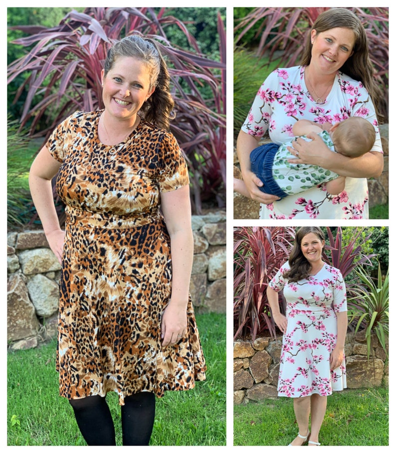 Pode incluir: Tr&ecirc;s mulheres vestindo diferentes vestidos de estampa floral. Os vestidos t&ecirc;m mangas curtas e um corpete ajustado com uma saia rodada. Os vestidos s&atilde;o de v&aacute;rias cores, incluindo rosa, branco e marrom.