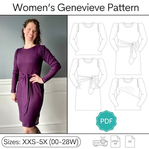 Può includere: Un cartamodello digitale per un abito con vita a nodo e maniche a sbuffo. Il cartamodello è disponibile nelle taglie XXS-5X (00-28W) ed è un download PDF. Il cartamodello è mostrato su uno sfondo bianco con una modella che indossa l'abito di colore viola.