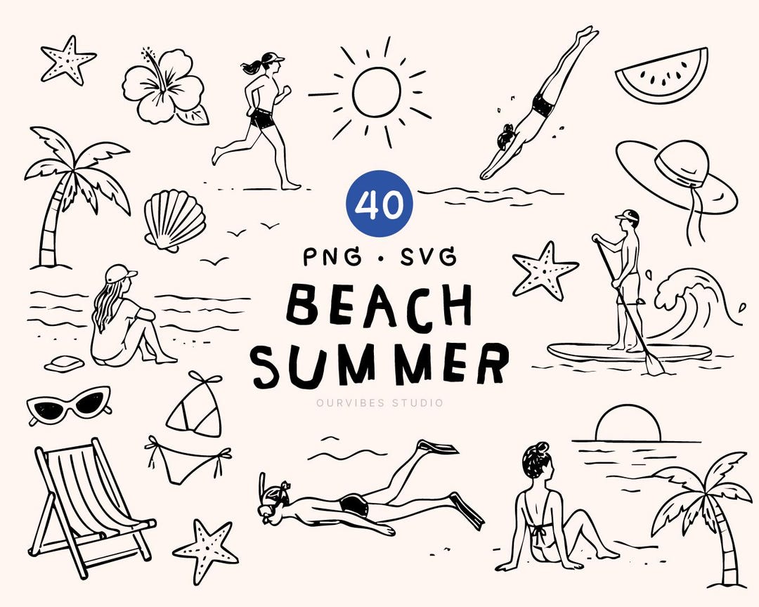 Beach Summer Clipart Bundle | Hand Drawn Coastal Doodles PNG SVG - Etsy