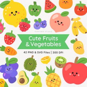 Pode incluir: Ilustração colorida de frutas e vegetais em estilo cartoon, incluindo um limão, um morango, uma laranja, um pêssego e um pimentão. A imagem contém o texto "Cute Fruits & Vegetables".