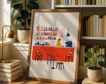 Minimalist Coffee Shop Print: Modern Cafe Illustration, Colorful Barista Art (Digital Download)