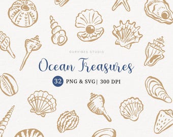 Könnte beinhalten: Eine Sammlung von beigefarbenen Strichzeichnungen verschiedener Muscheln und eines Seesterns auf weißem Hintergrund. Der mittlere Text lautet "OURVIBES STUDIO", "Ocean Treasures" und "32 PNG & SVG | 300 DPI" in Dunkelblau und Grau.