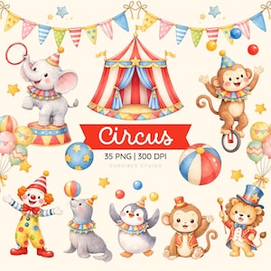 Puede incluir: Ilustración en acuarela con temática de circo, con animales como un elefante y un mono. La imagen presenta una carpa de circo, globos y la palabra "Circus" en rojo.