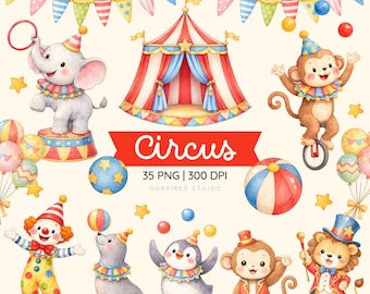 May include: Watercolor illustration of a circus theme with various animals, including an elephant, monkey, seal, penguin, and lion. The image features a circus tent, balloons, and the word "Circus" in red.