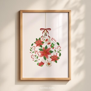 Watercolor Poinsettia Christmas Ornament Print: Holiday Wall Art (Digital Download)