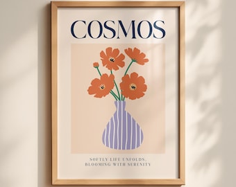 Minimalist Cosmos Flower Print: Orange Floral Botanical Art (Digital Download)
