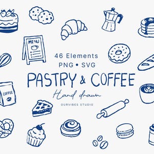 May include: Hand-drawn blue illustrations of pastries and coffee items, including a cake, croissant, coffee pot, pancakes, and a coffee cup. The text "PASTRY & COFFEE" and "Hand drawn" are also included. The image also includes the text "46 Elements PNG SVG".